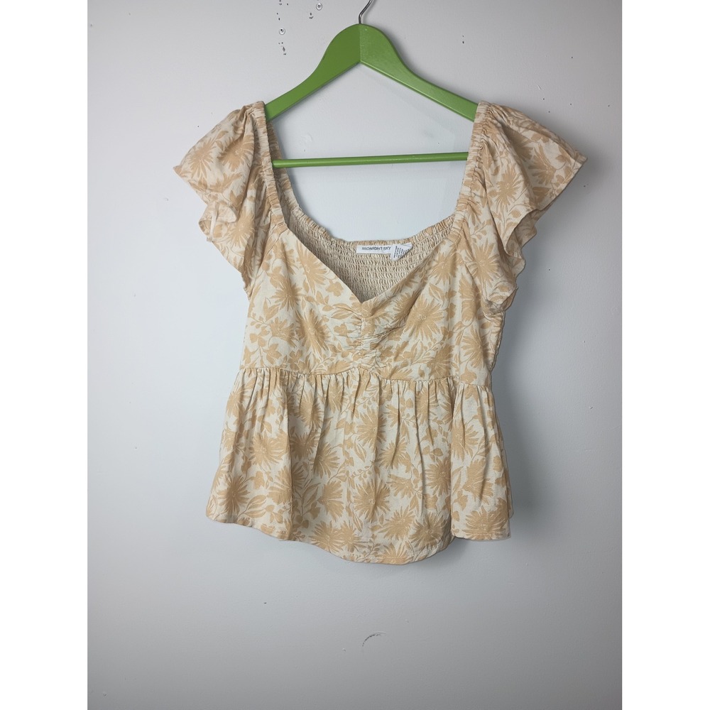 Midnight Sky Tan Floral Flutter Sleeve Smocked Peplum Top Medium